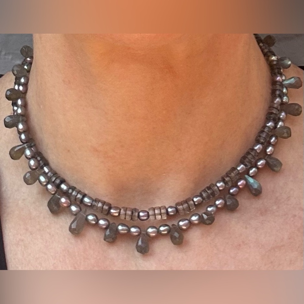 Iridescent Gray Pearl, Labradorite & Heishi Crystal Beaded Necklace